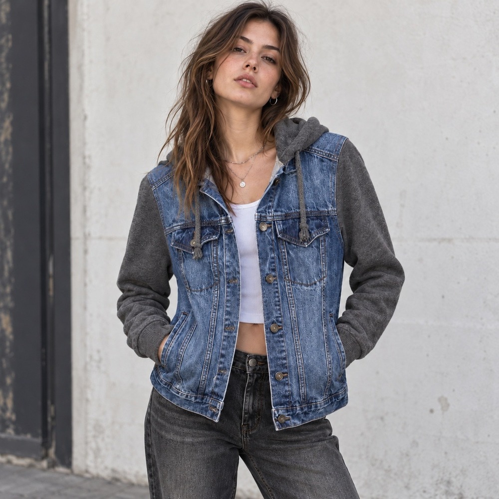Aeropostale Womens XS Denim Jacket Gray Knit Hooded Sleeves Mixed Media Trucker